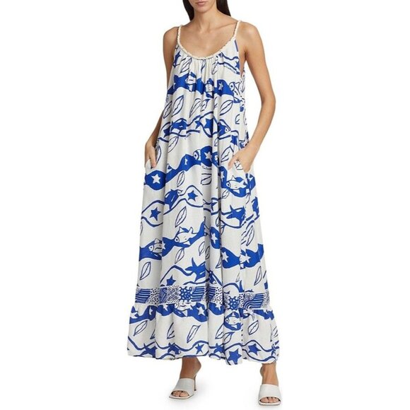 FARM Rio Dresses & Skirts - Farm Rio X Alberto Pitta Waves Sleeveless Dress Rope Scoopneck Size M Blue White